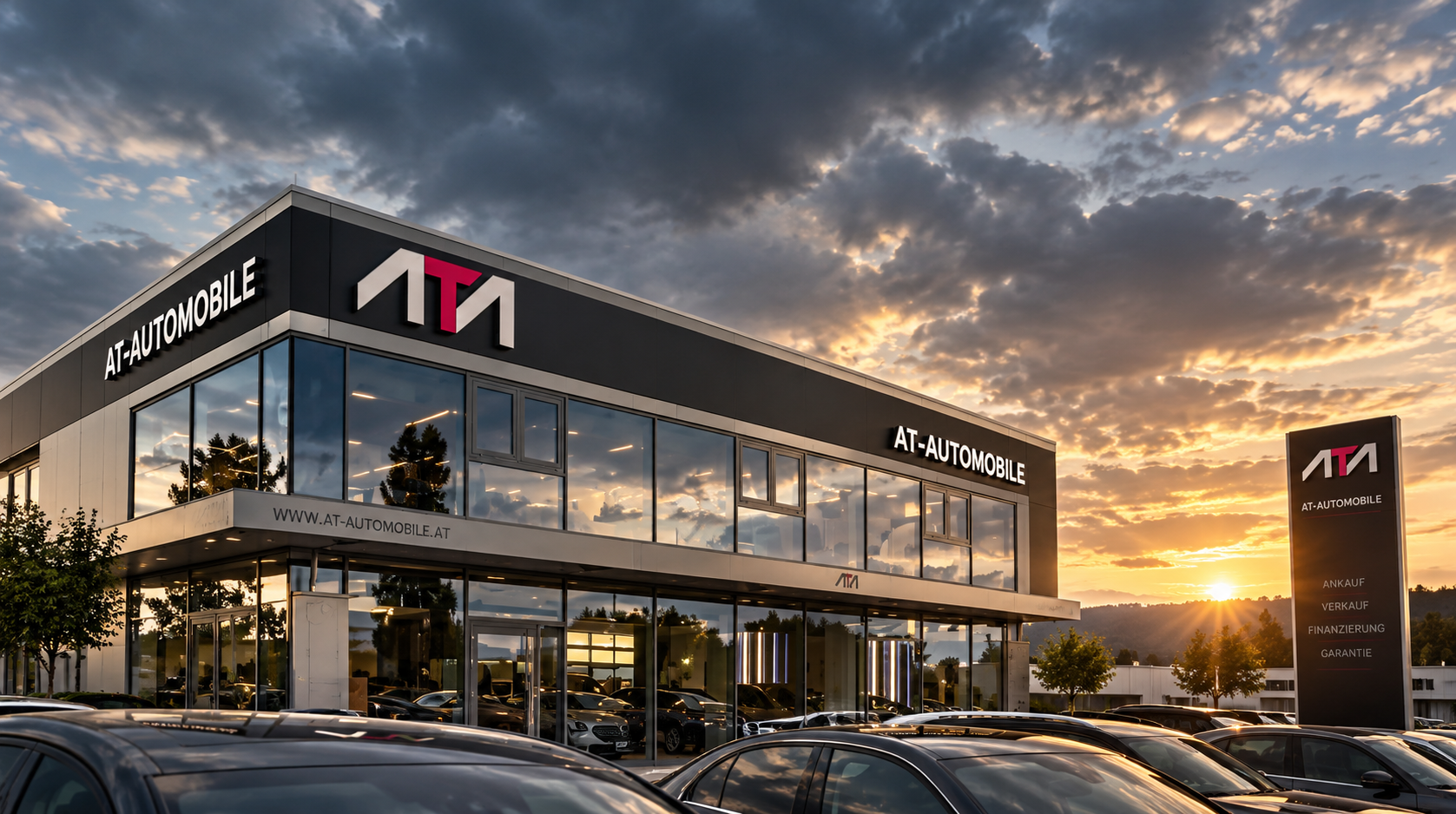 AT-Automobile Autohaus bei Sonnenuntergang
